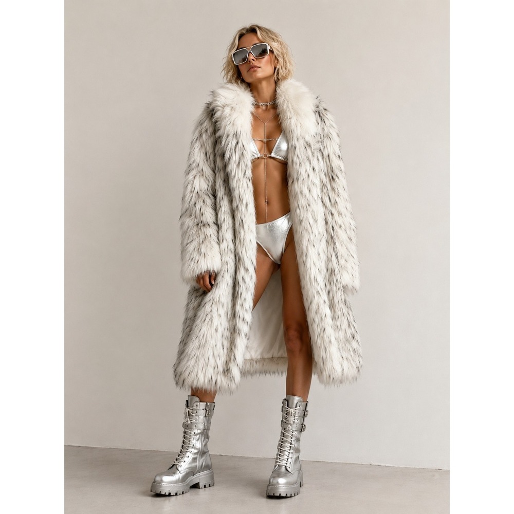 Vintage Faux Fur Coat Womens M White Gray Lynx Spotted Long Glam Jacket USA